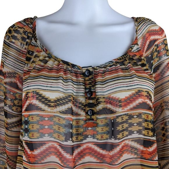 Speechless XL Aztec Tribal Geometric Design Sheer V Neck 3/4 Sleeve Blouse - Picture 3 of 10